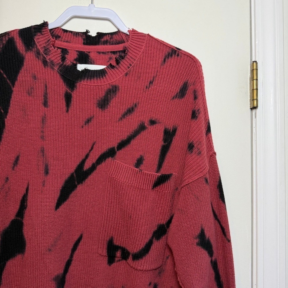 Pistola Red Black Tie Dye Knit Sweater Pullover Long Sleeve Crew Neck Pocket S - Picture 2 of 10